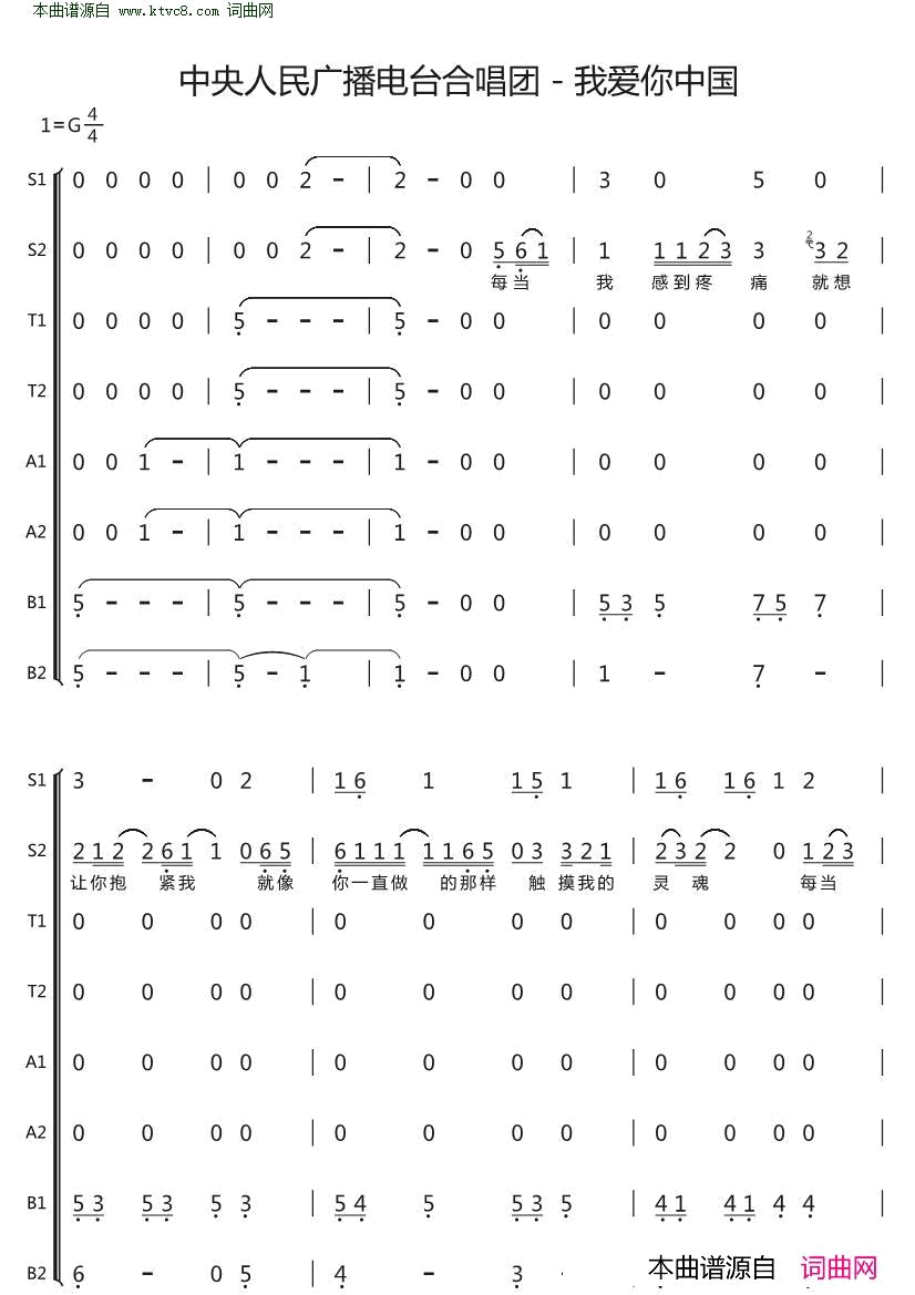 我爱你中国简谱八声部简谱_中央人民广播电台合唱团演唱_汪峰/汪峰词曲