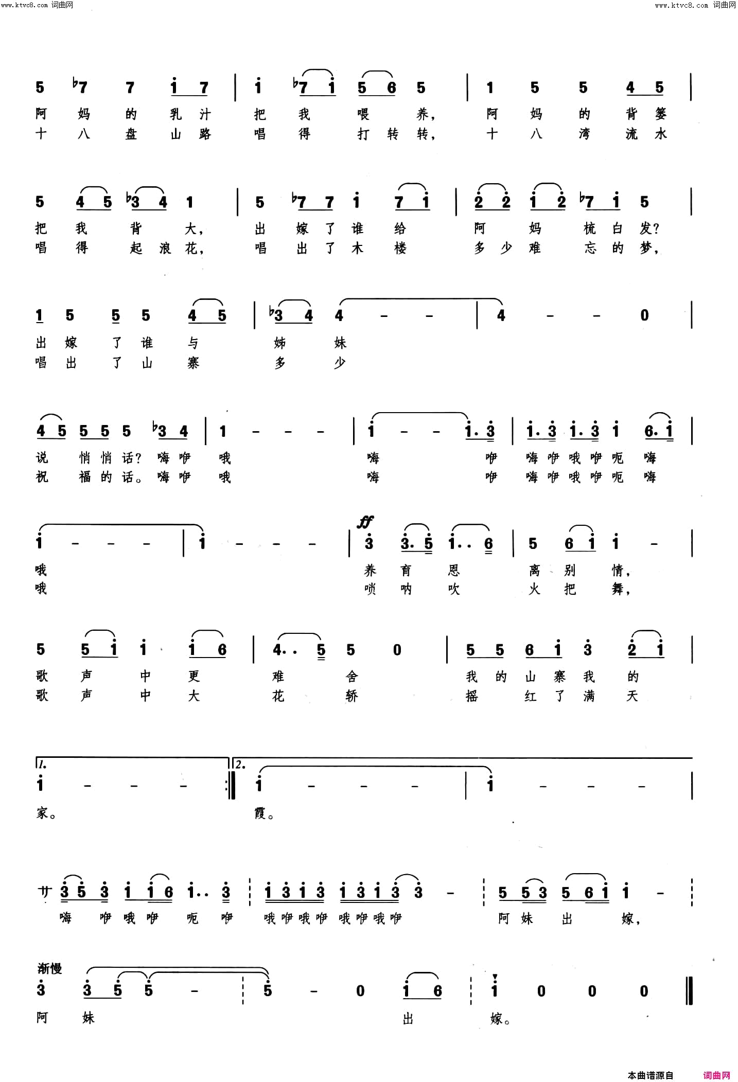 阿妹出嫁简谱_陈莉莉演唱_金沙/孟勇词曲