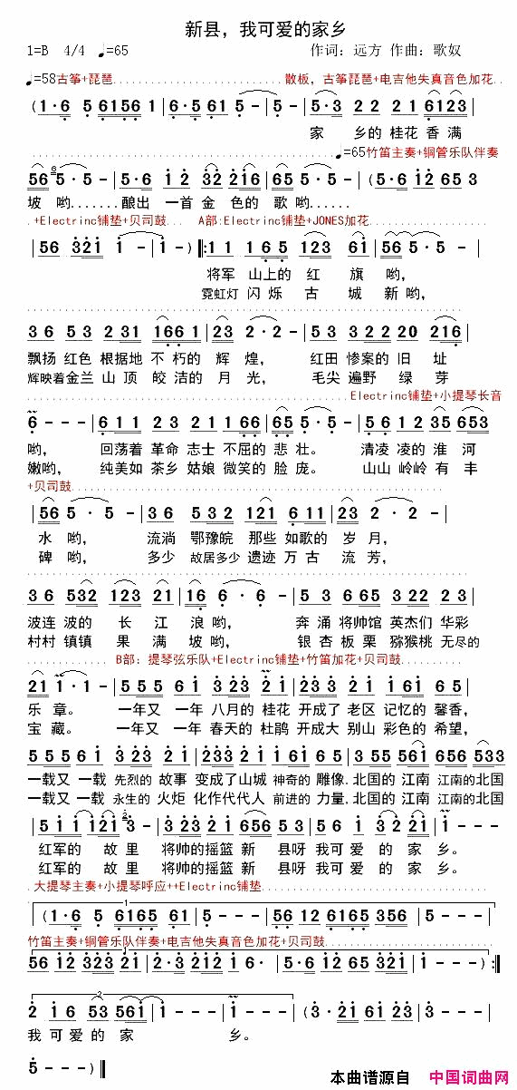 新县，我可爱的家乡曲谱、伴奏简谱_小琢演唱_远方/歌奴词曲