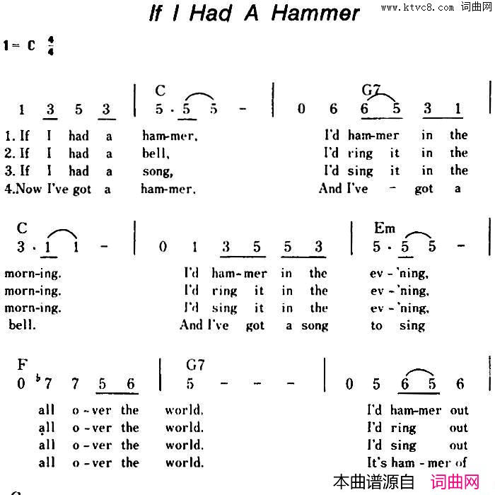 【美】IfIHadAHammer如果我有把锤子简谱