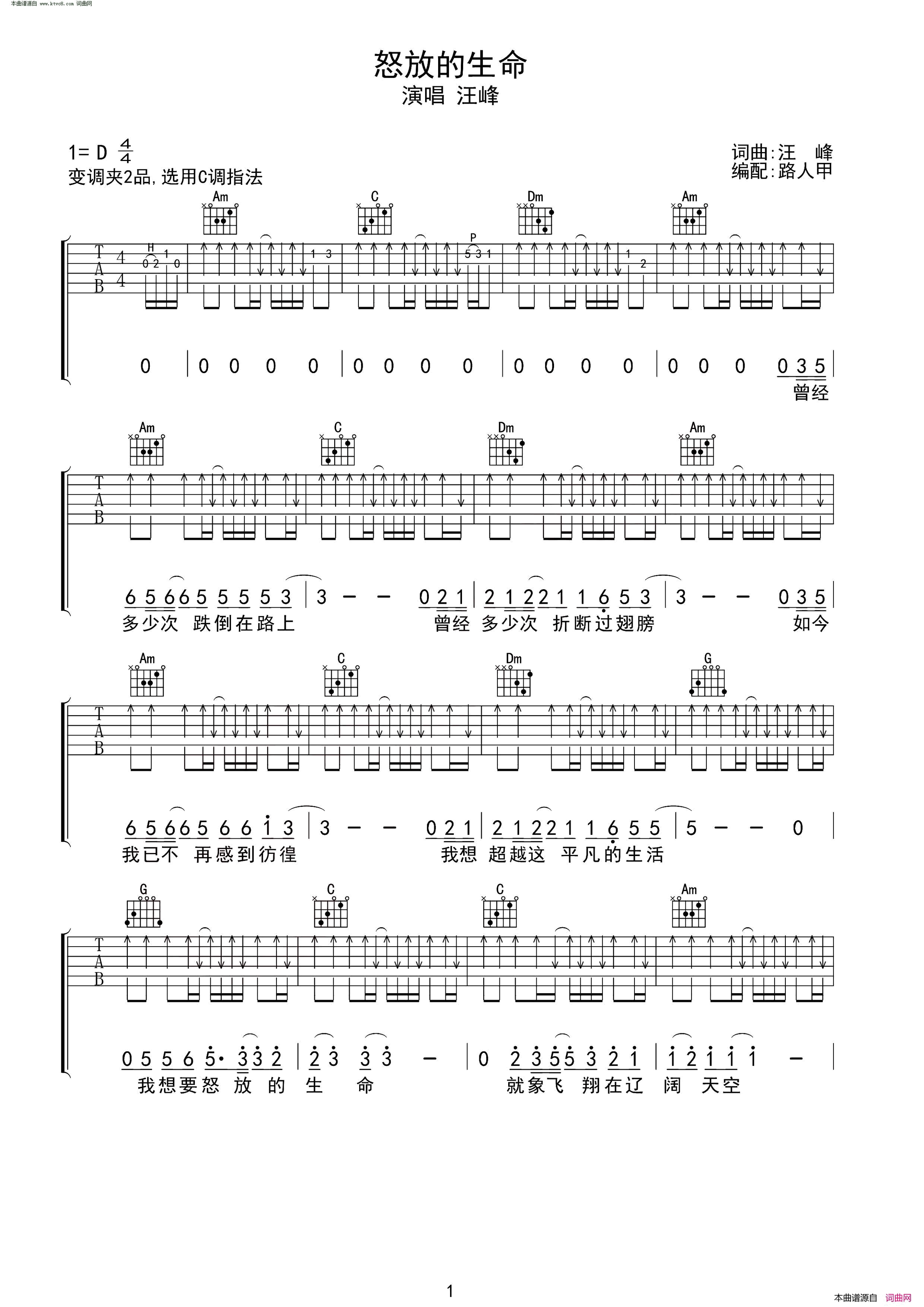 怒放的生命吉他谱_无限延音编配简谱_汪峰演唱_汪峰/汪峰词曲