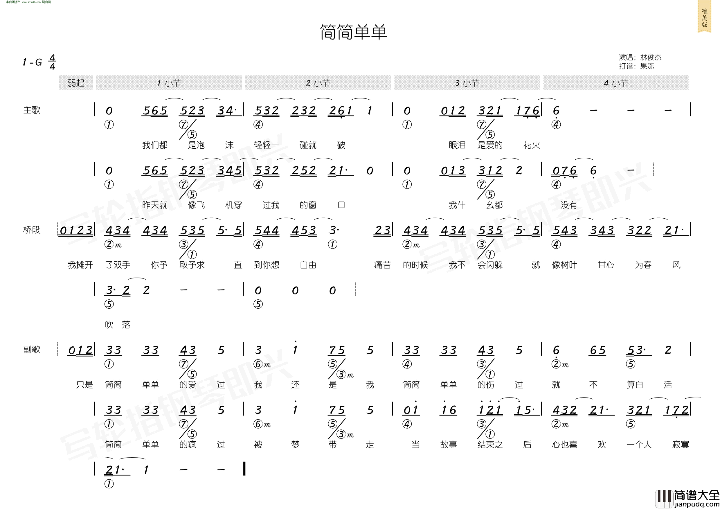 简简单单_简和谱简谱_林俊杰演唱_向月娥、张思尔/林俊杰词曲