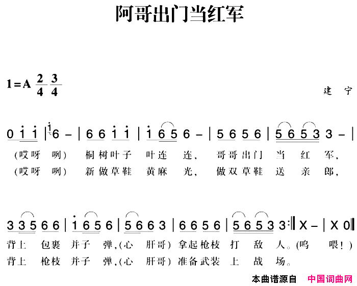 赣南闽西红色歌曲：阿哥出门当红军简谱