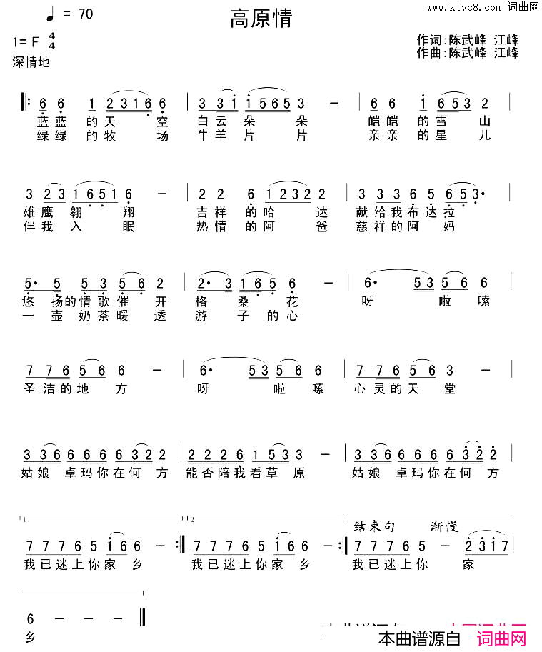 高原情陈武峰江峰词曲高原情陈武峰_江峰_词曲简谱