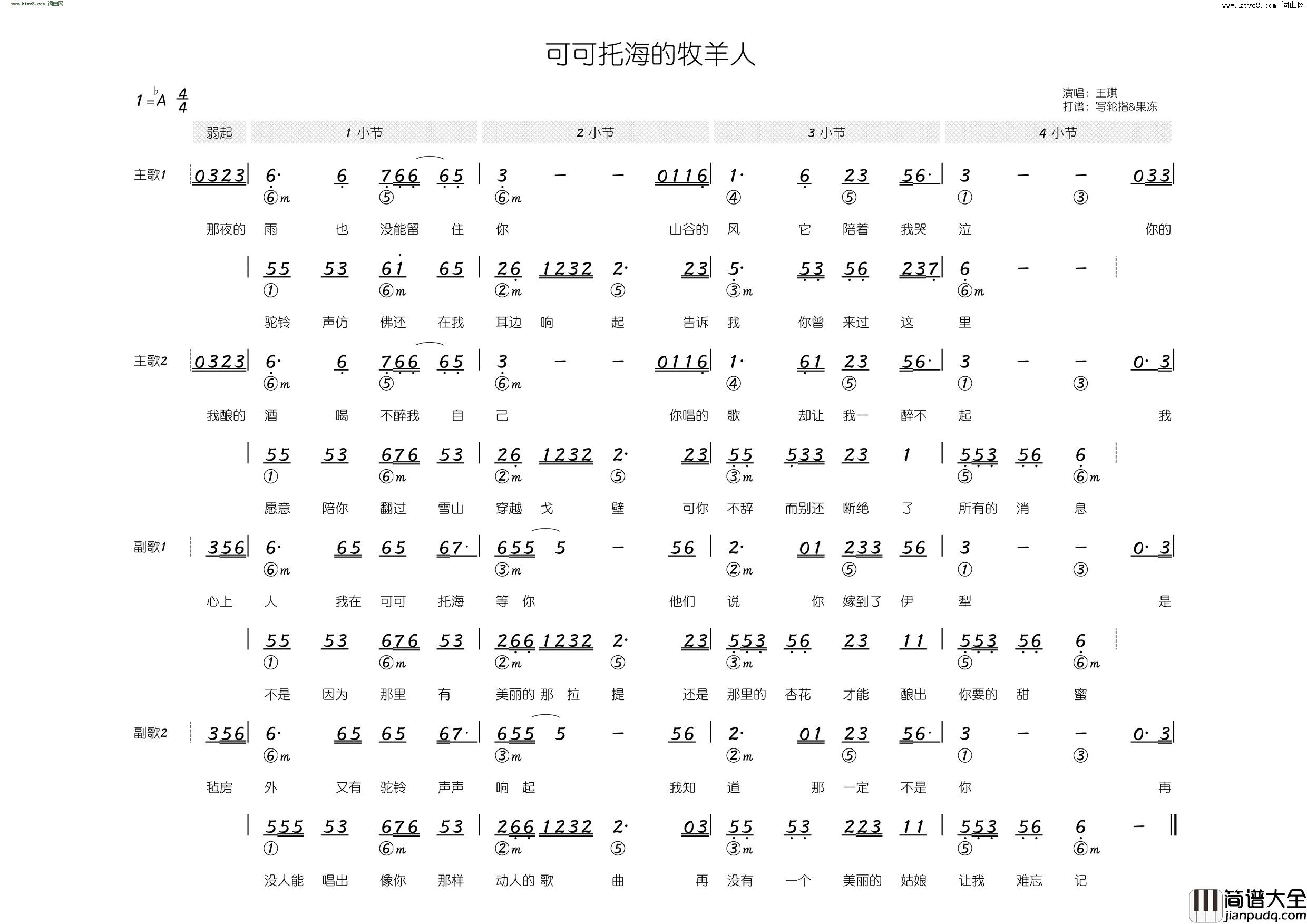 可可托海的牧羊人简和谱简谱_王琪演唱_王琪/王琪词曲