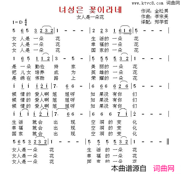 [朝鲜]女人是一朵花中文版简谱