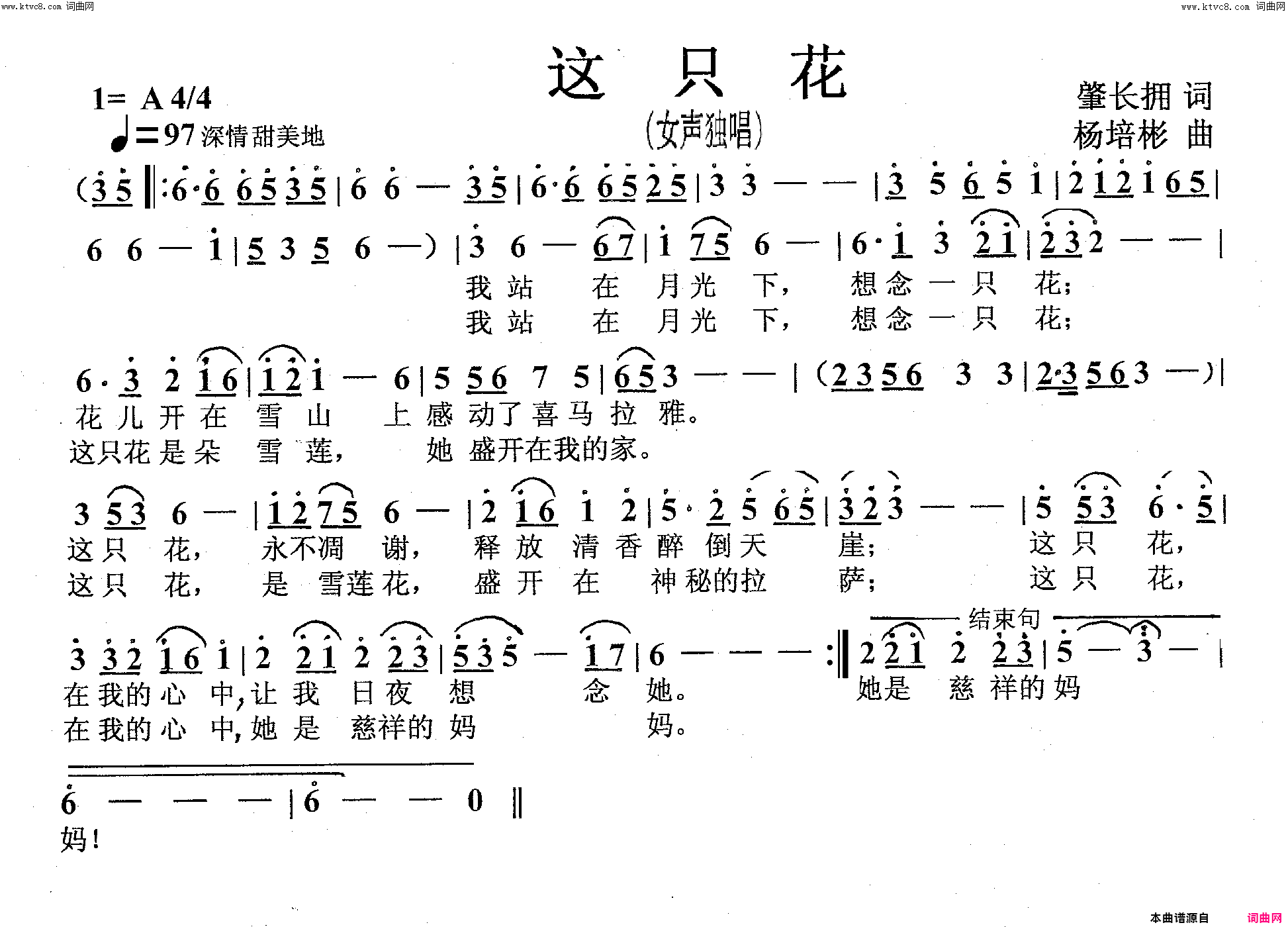 这只花女声独唱简谱_唐晓燕演唱_肇长拥/杨培彬词曲