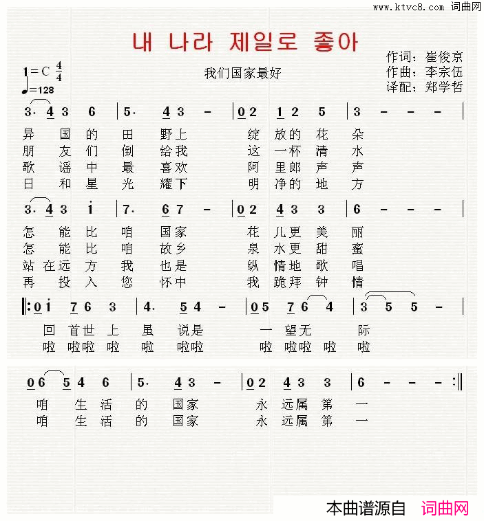 【朝鲜国庆献曲】내나라제일로좋아中文版简谱