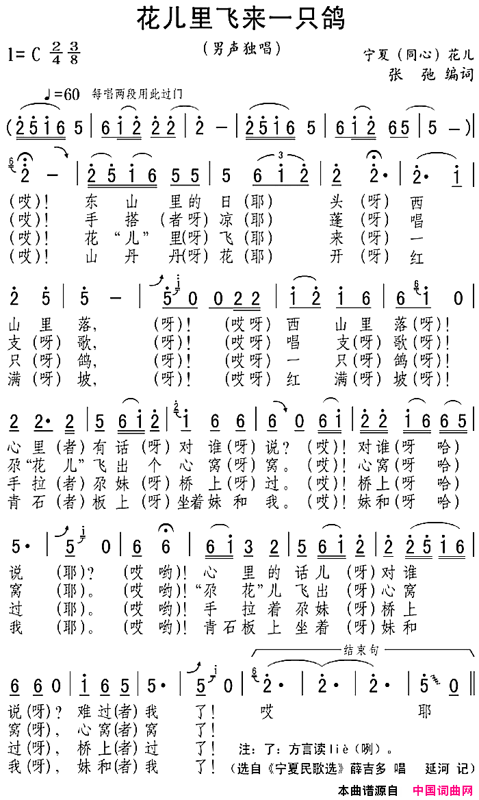 花儿里飞来一只鸽简谱