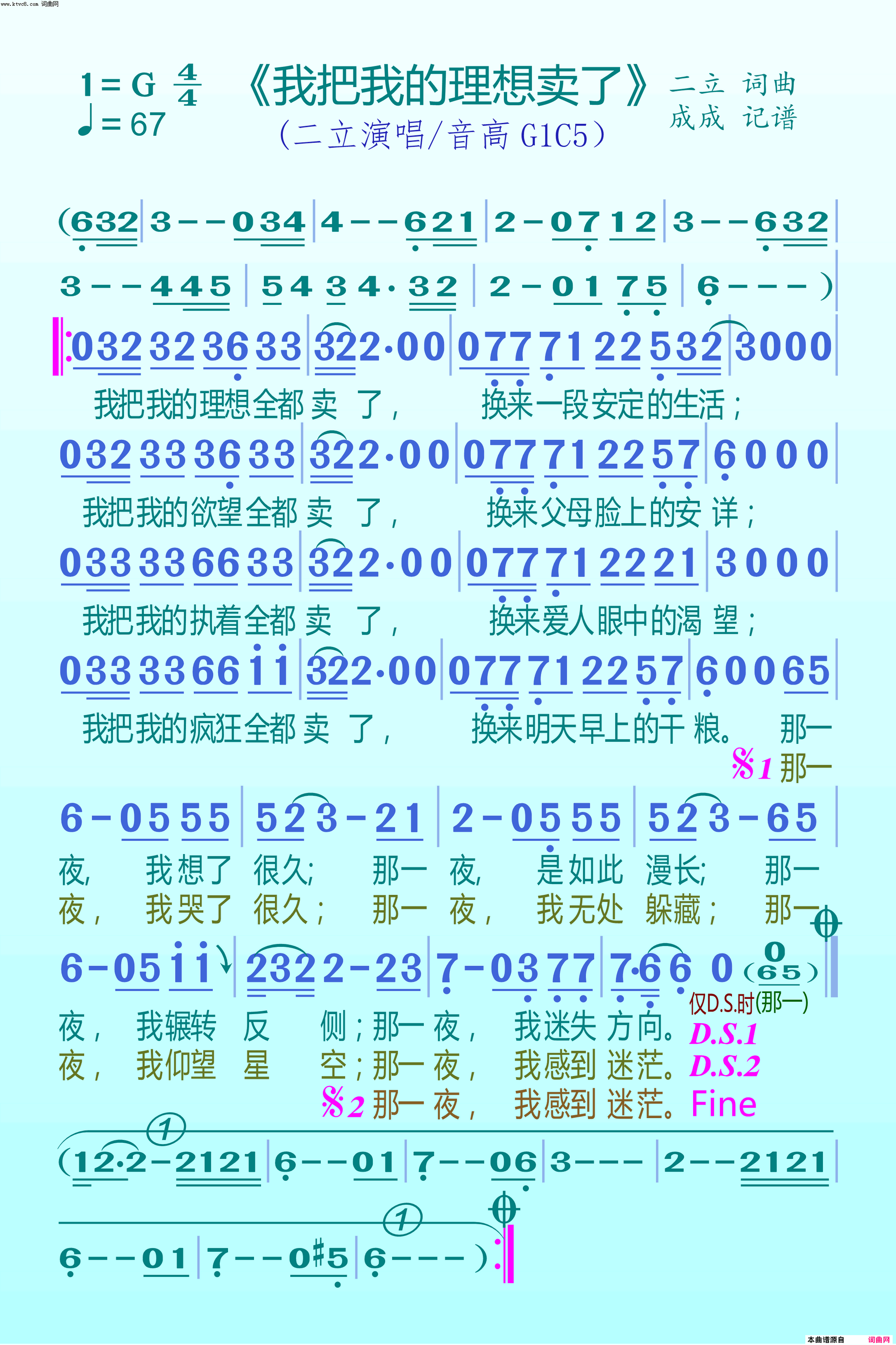 我把我的理想卖了简谱_二立演唱_二立/二立词曲