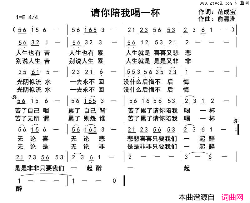 请你陪我喝一杯简谱