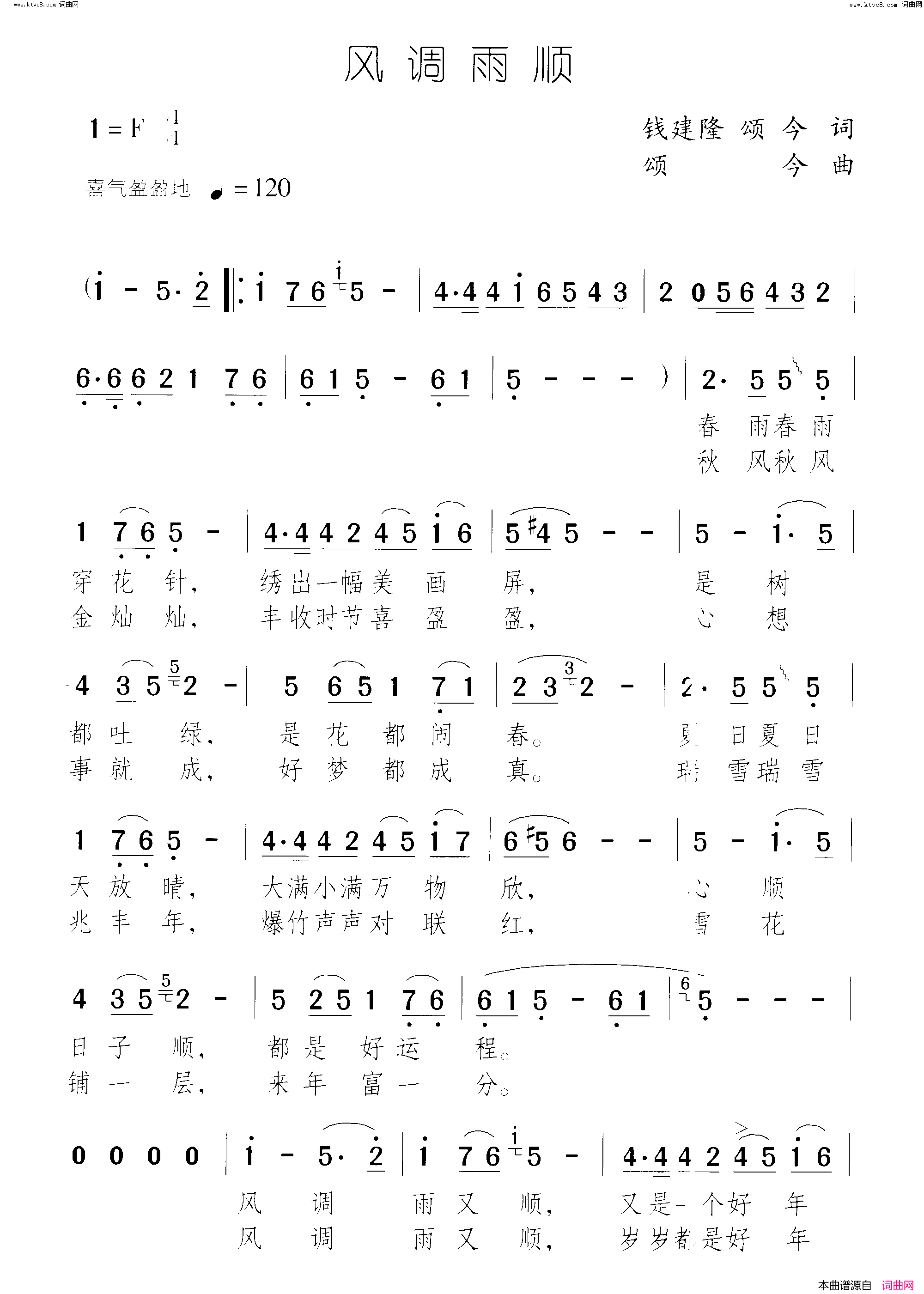 风调雨顺简谱_陈思思演唱_钱建隆、颂今/颂今词曲