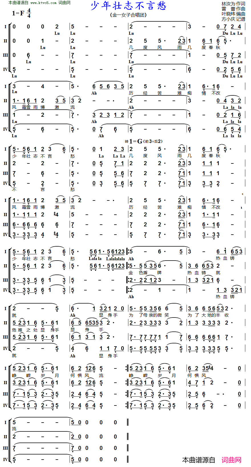 少年壮志不言愁_女声四重唱简谱_金一女子合唱团演唱_林汝为/雷蕾词曲