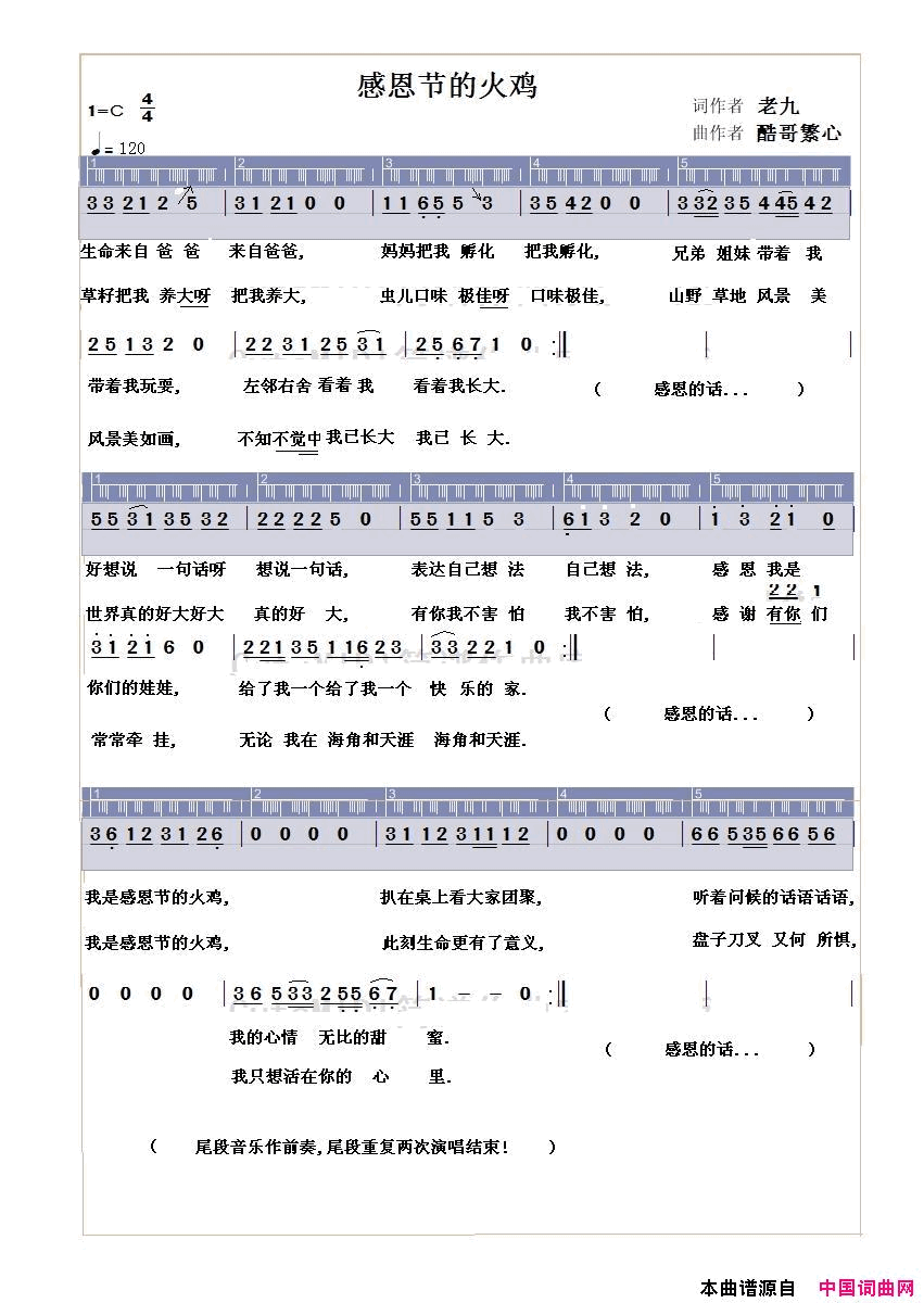 感恩节的火鸡简谱_李封序演唱_季明达/酷哥繁心词曲