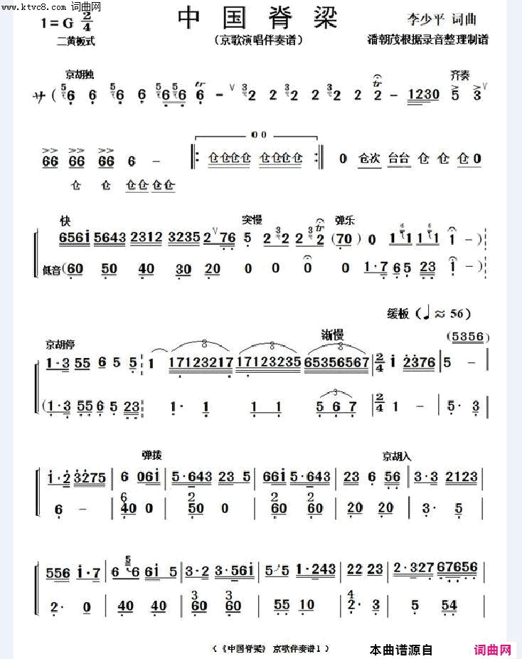 京歌中国脊梁小民乐队伴奏谱简谱_杜喆演唱_李少平/李少平词曲