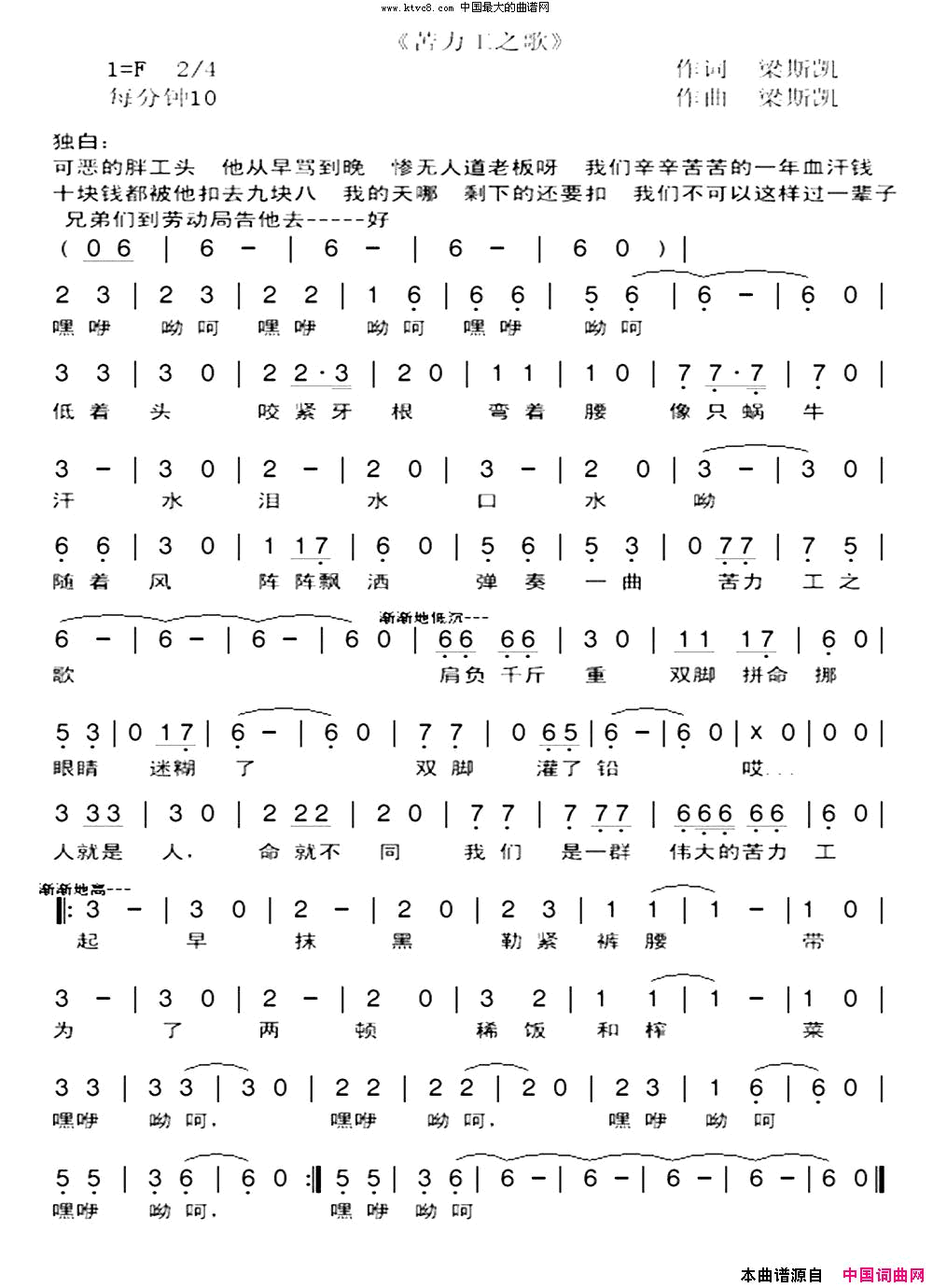 苦力工之歌简谱_李强年演唱_梁斯凯、雷祖十三少/梁斯凯、雷祖十三少词曲