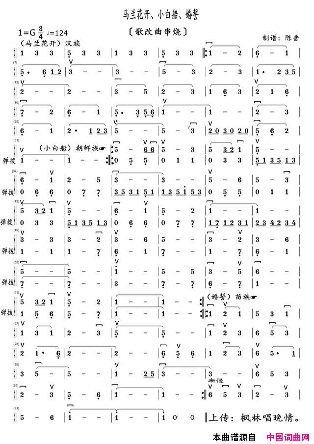 马兰花开、小白船、婚誓。歌改曲串烧简谱