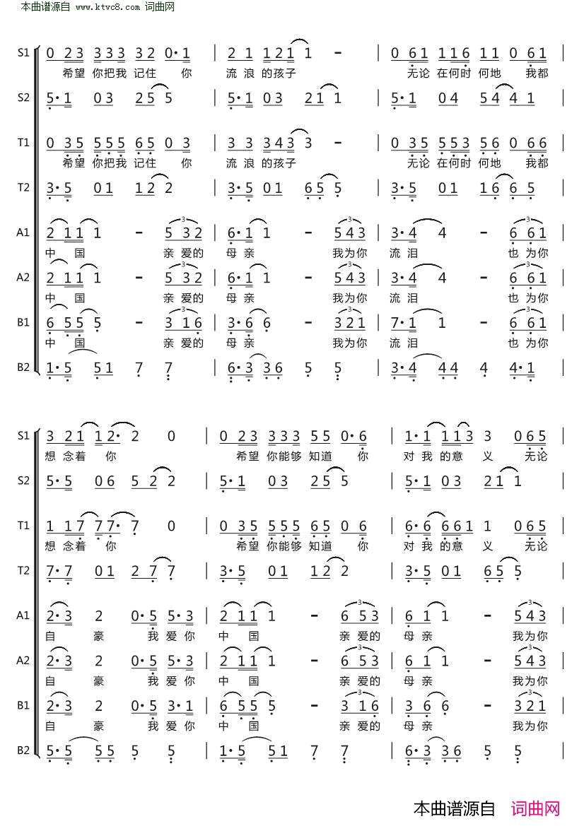 我爱你中国简谱八声部简谱_中央人民广播电台合唱团演唱_汪峰/汪峰词曲