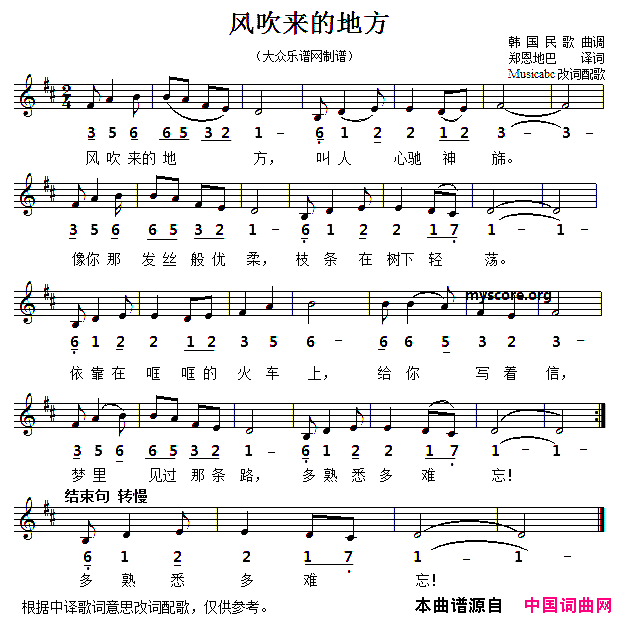 [韩]风吹来的地方简谱