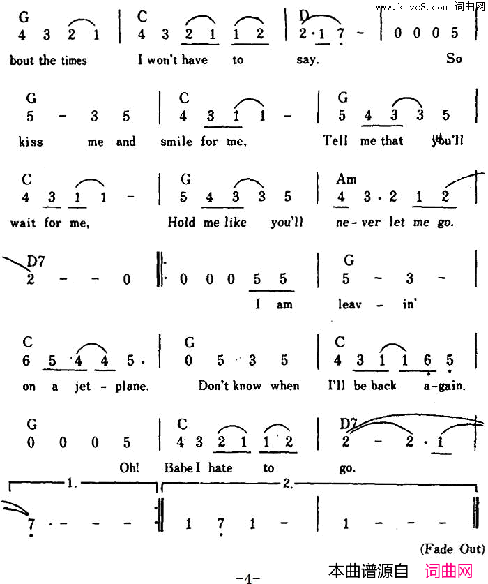 【美】LeavingOnAJetPlane乘喷气机离去简谱
