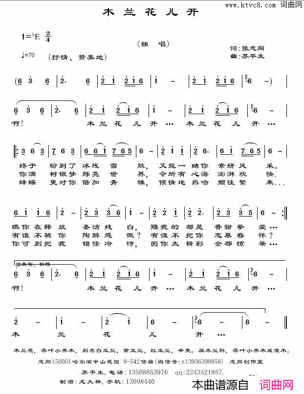 木兰花儿开简谱