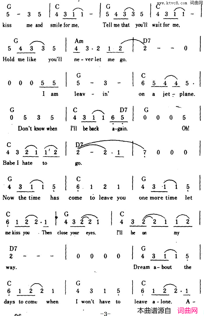 【美】LeavingOnAJetPlane乘喷气机离去简谱