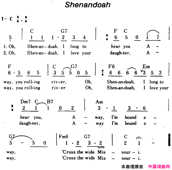 [美]Shenandoah沙那多哈、带和弦简谱