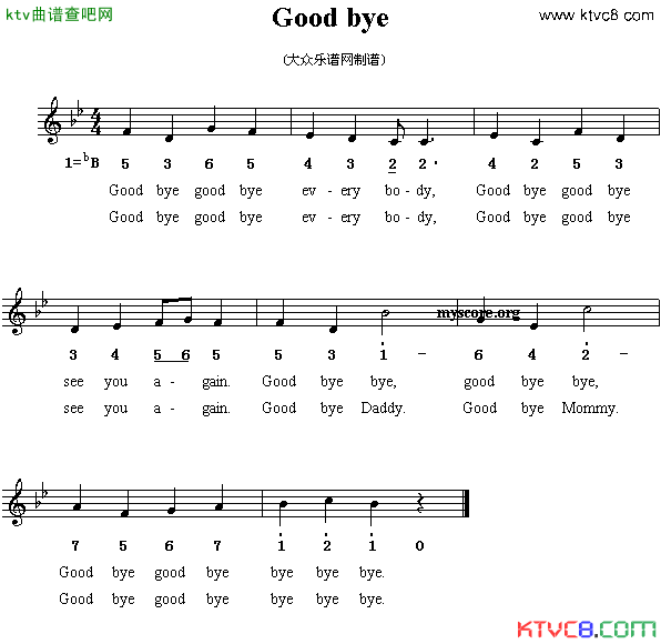 Goodbye再见英文儿歌简谱