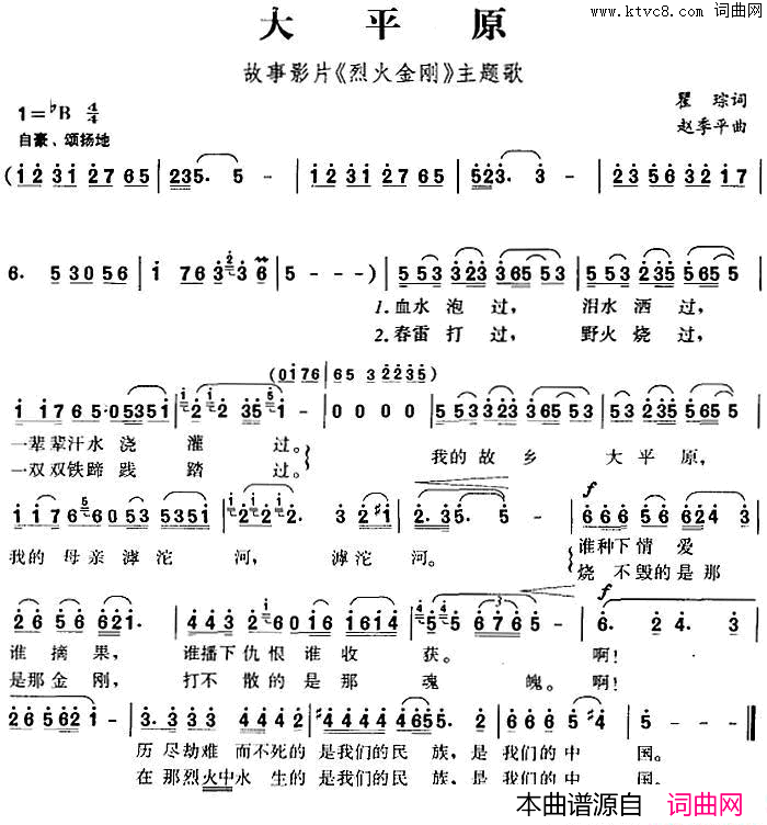 大平原故事影片_烈火金刚_主题歌简谱