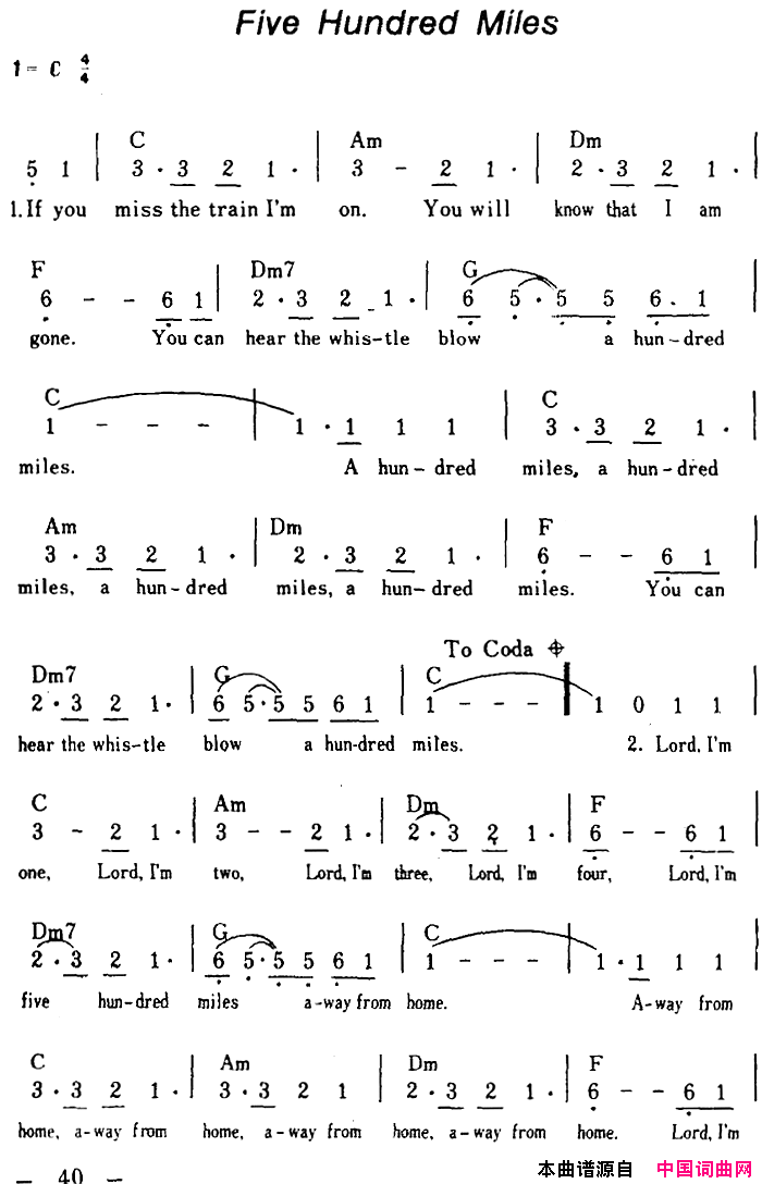 Five_Hundred_Miles五百英里【美】简谱