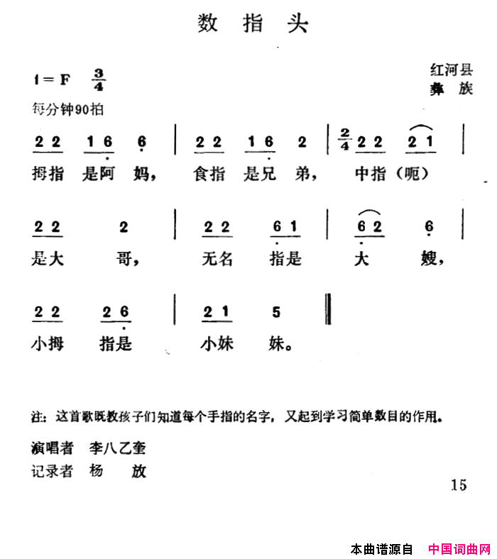 数指头红河县彝族民歌简谱_李八乙奎演唱