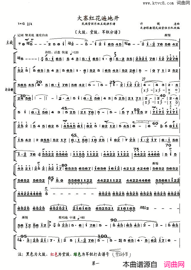 大寨红花遍地开大鼓、堂鼓、军钗分谱简谱