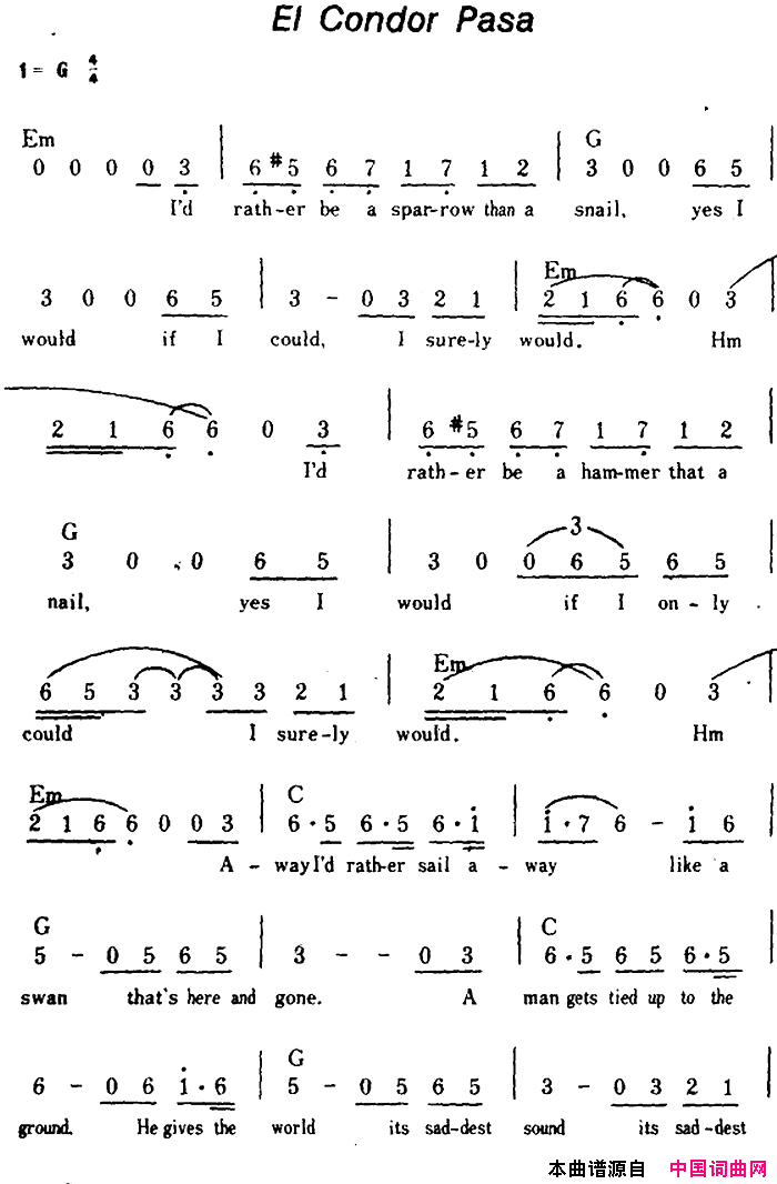 【美】ElCondorPasa秃鹰飞去简谱