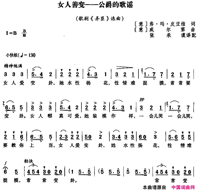 [意]女人善变——公爵的歌谣歌剧_弄臣_选曲简谱