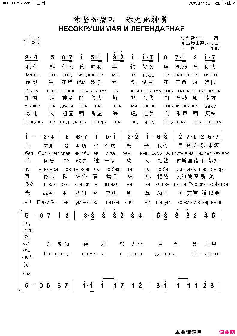 你坚如磐石，你无比神勇НЕСОКРУШИМАЯ_И_ЛЕГЕНДА原名_苏军之歌__中俄简谱简谱