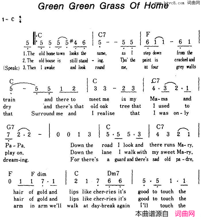 【美】GreenGreenGrassOfHome故乡的青青草简谱