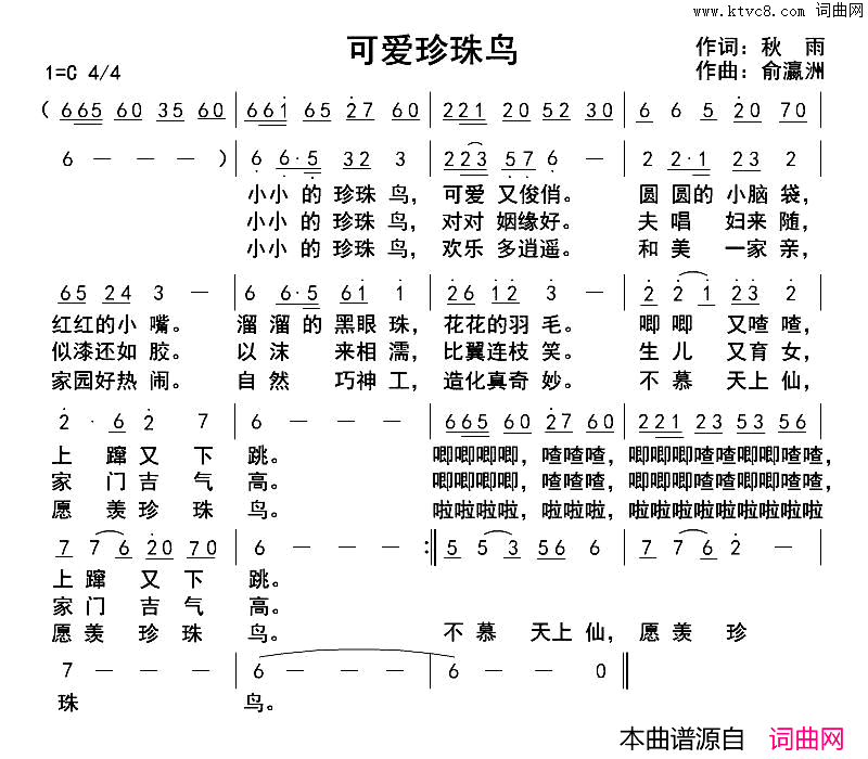 可爱珍珠鸟简谱