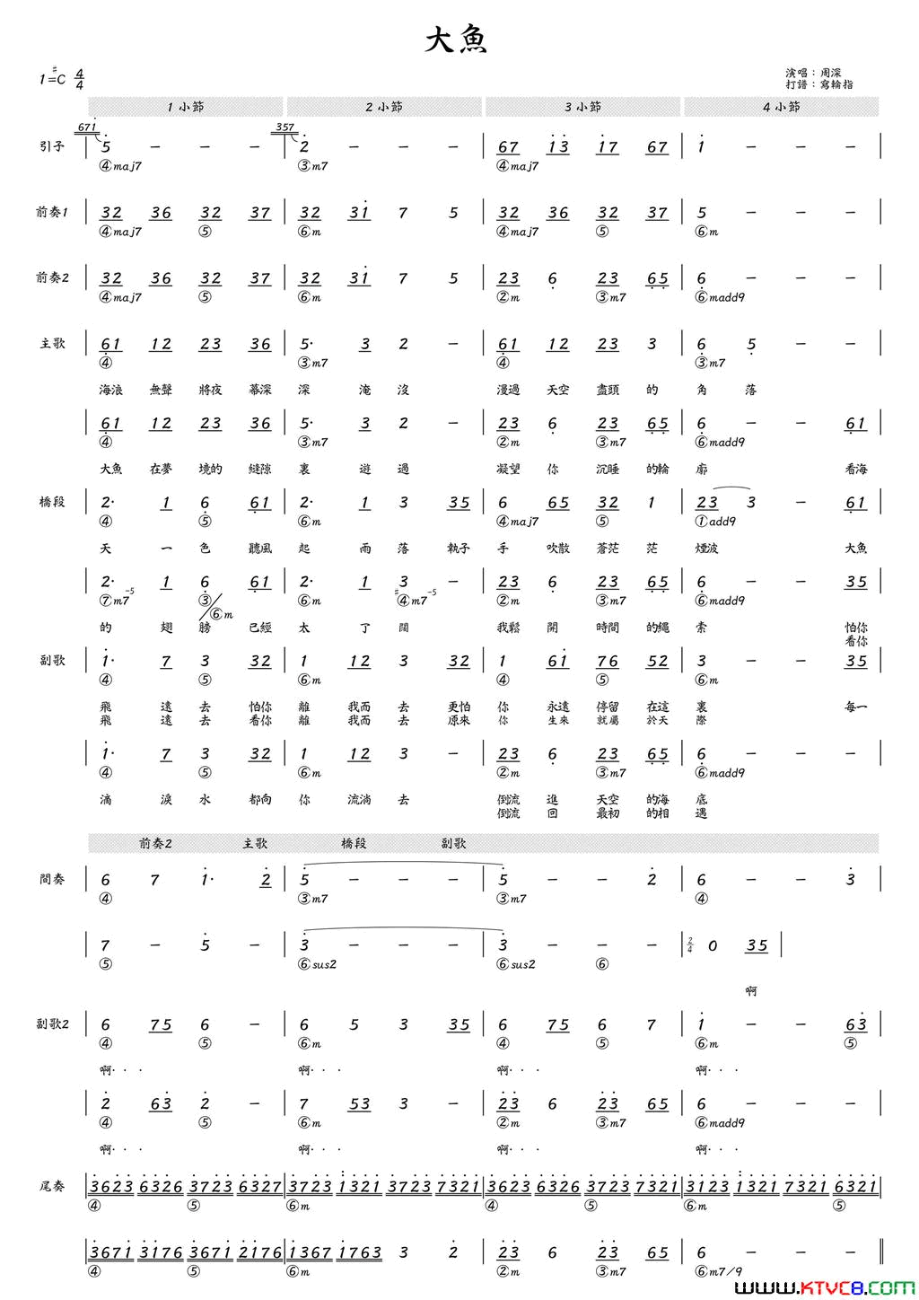 大鱼简和谱简谱_周深演唱_尹约/钱雷词曲