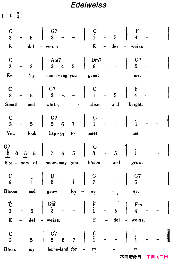 【美】Edelweiss雪绒花、带和弦简谱