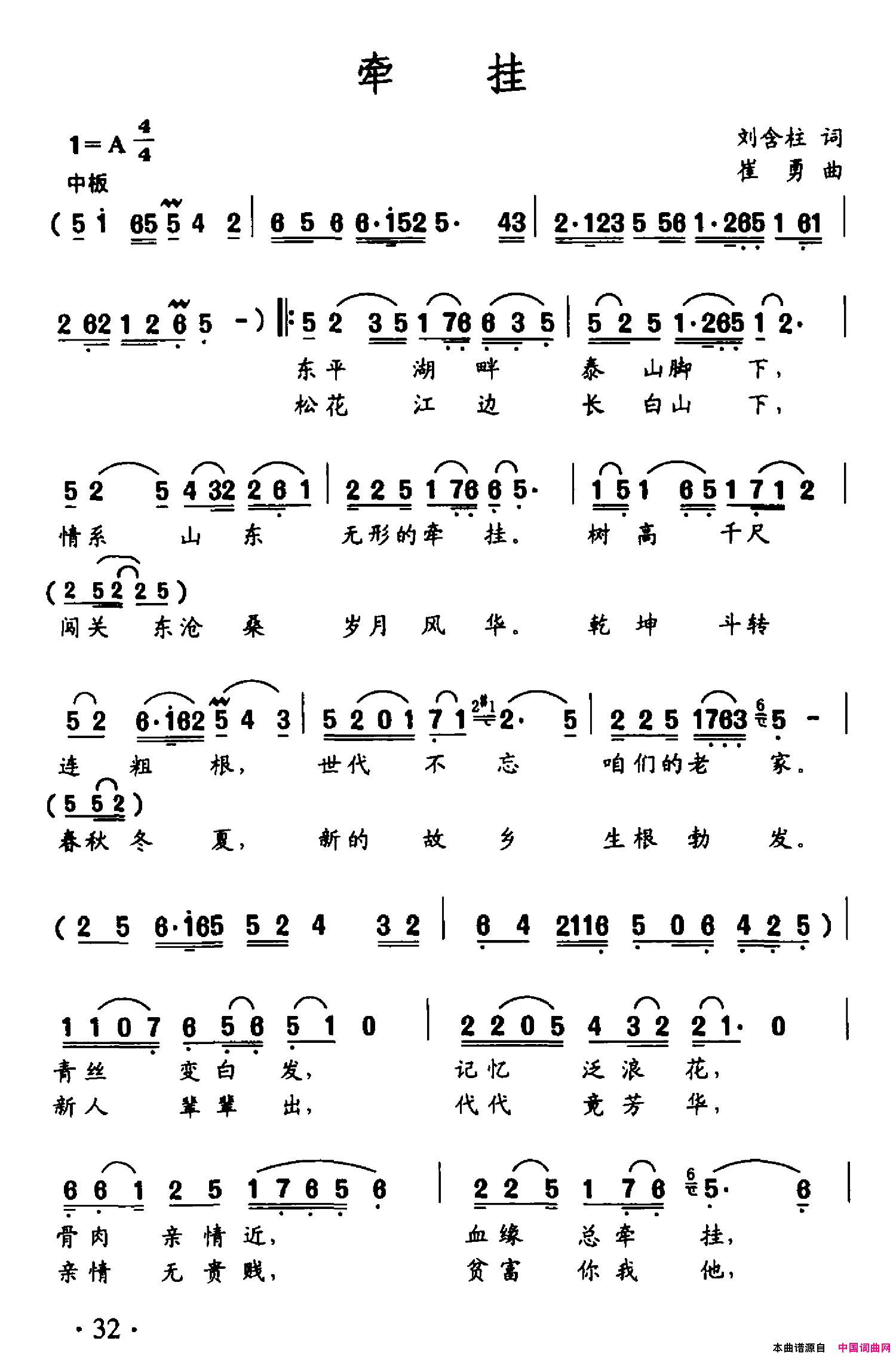 牵挂简谱_王信峰演唱_刘含柱/崔勇词曲