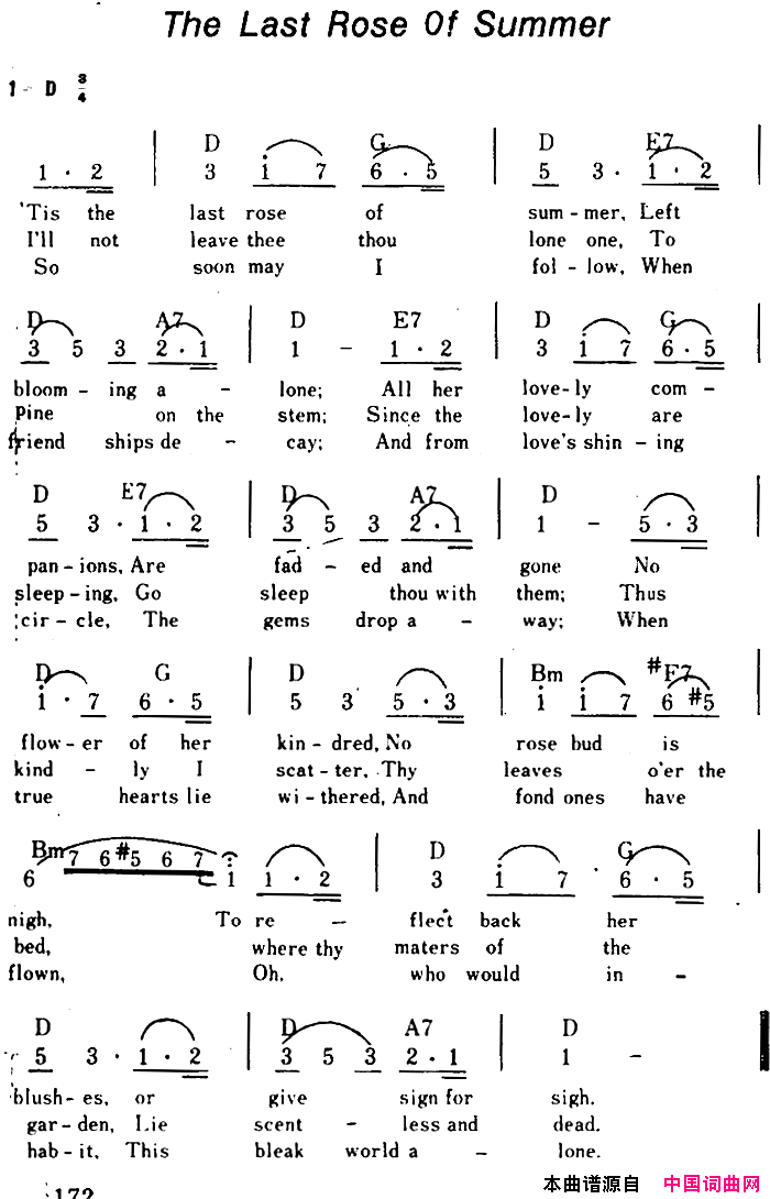 【美】TheLastRoesOfSummer夏日里最后一支玫瑰、带和弦简谱