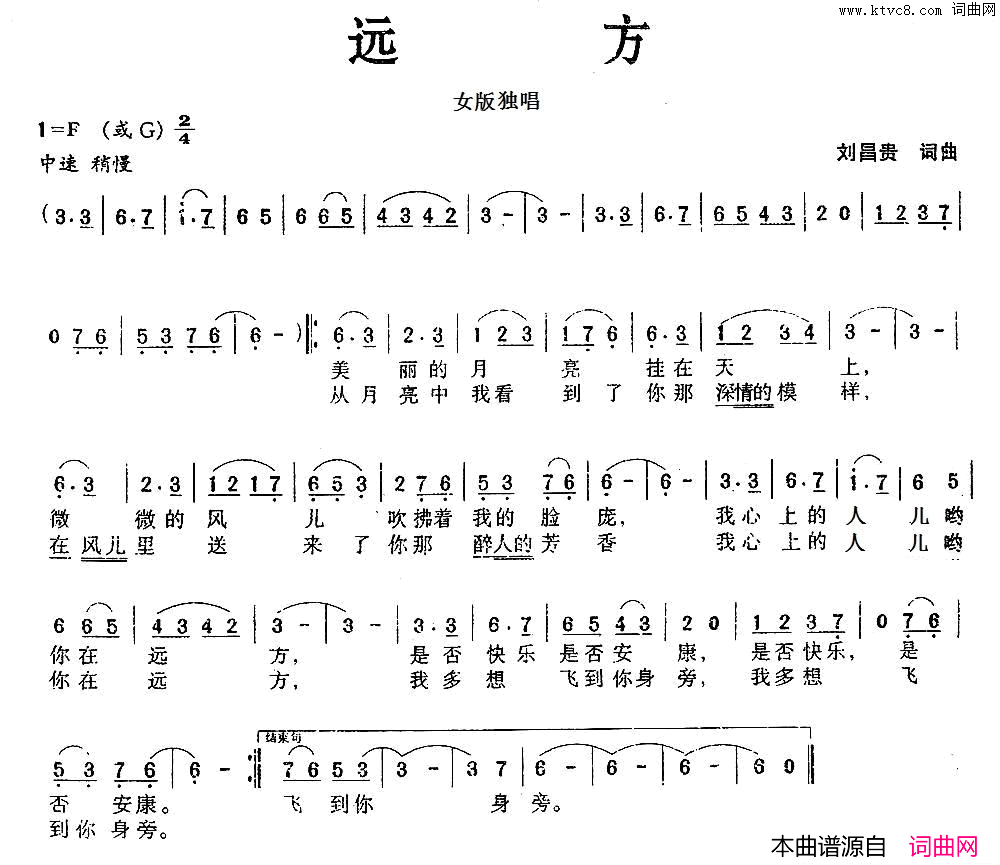 远方女版谱简谱_张玲玲演唱_刘昌贵/刘昌贵词曲