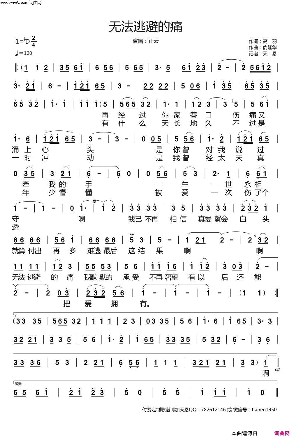 无法逃避的痛简谱_正云演唱_高羽/俞隆华词曲