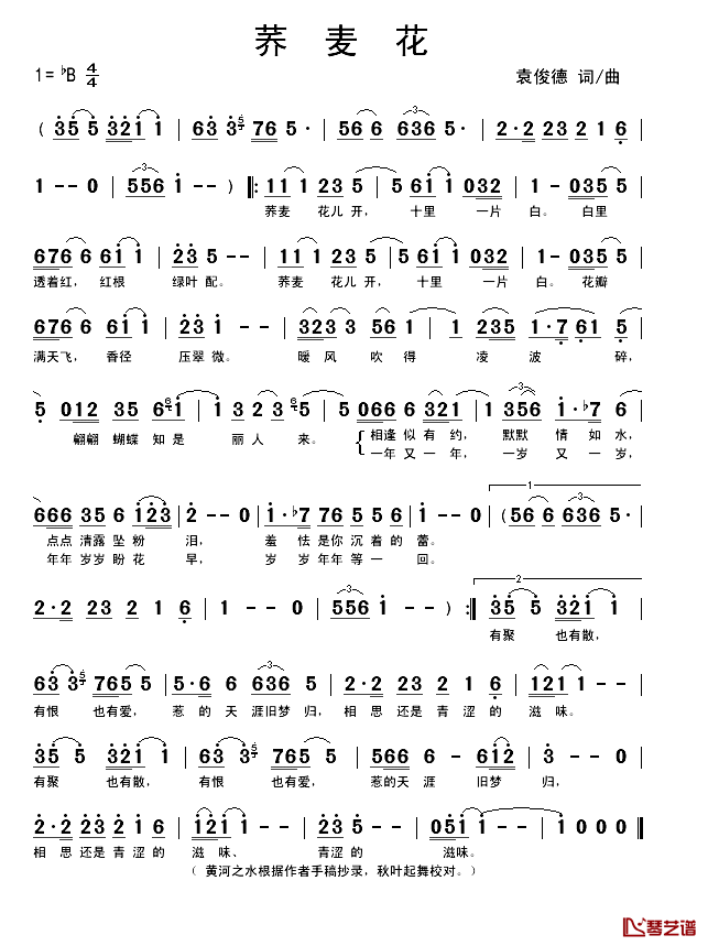 荞麦花简谱_袁俊德_词曲