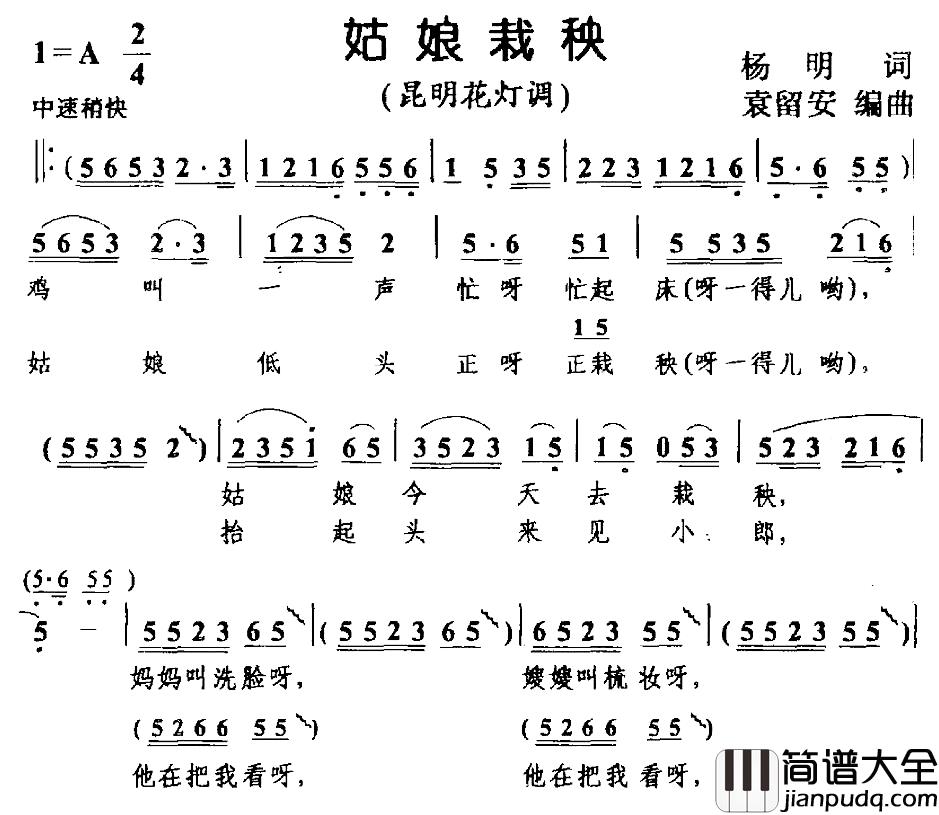 姑娘栽秧简谱_昆明花灯调