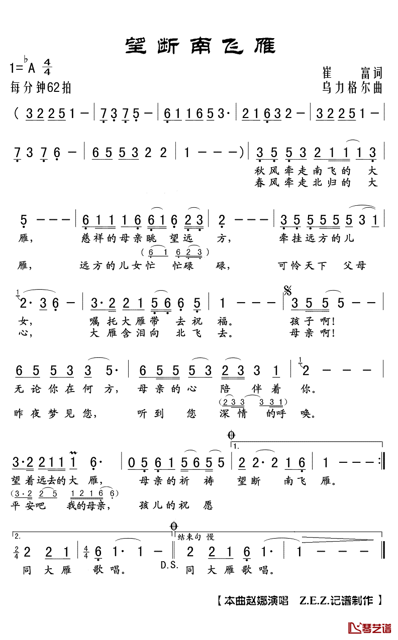 望断南飞雁简谱(歌词)_赵娜演唱_Z.E.Z.曲谱