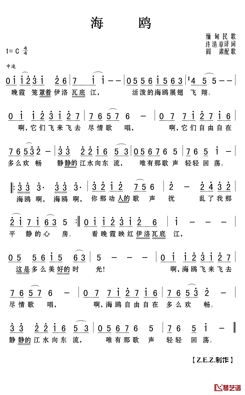 海鸥简谱(歌词)_Z.E.Z.曲谱