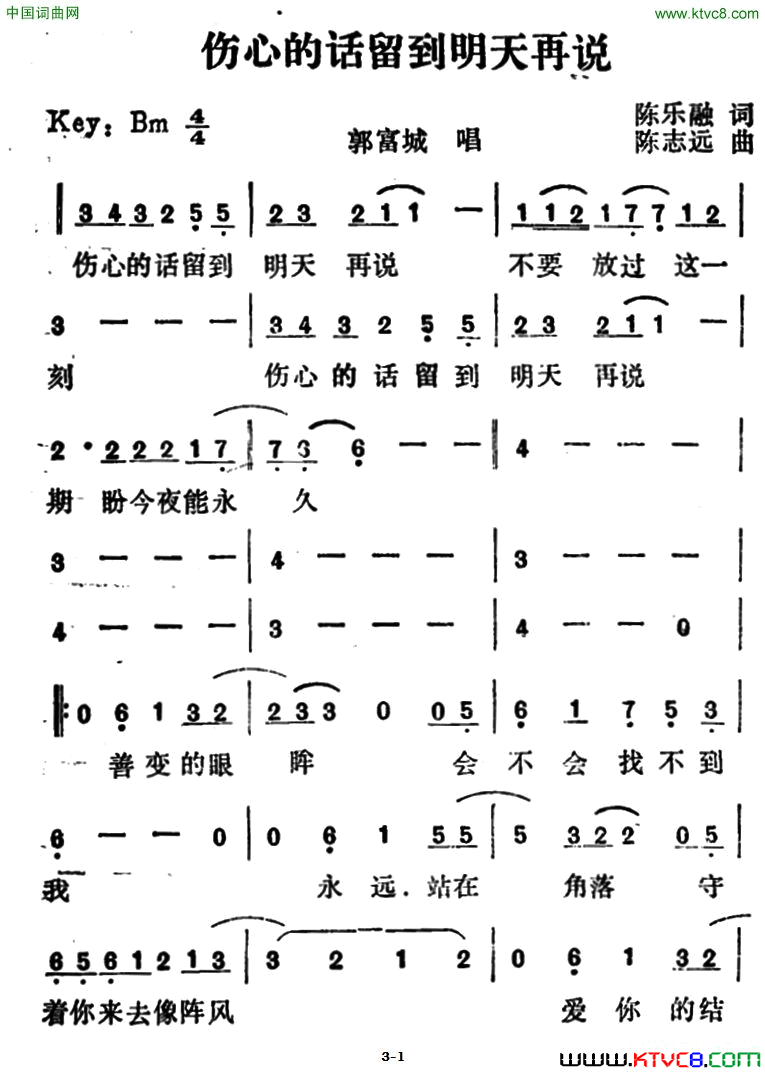 伤心的话留到明天再说简谱_郭富城演唱_陈乐融/陈志远词曲