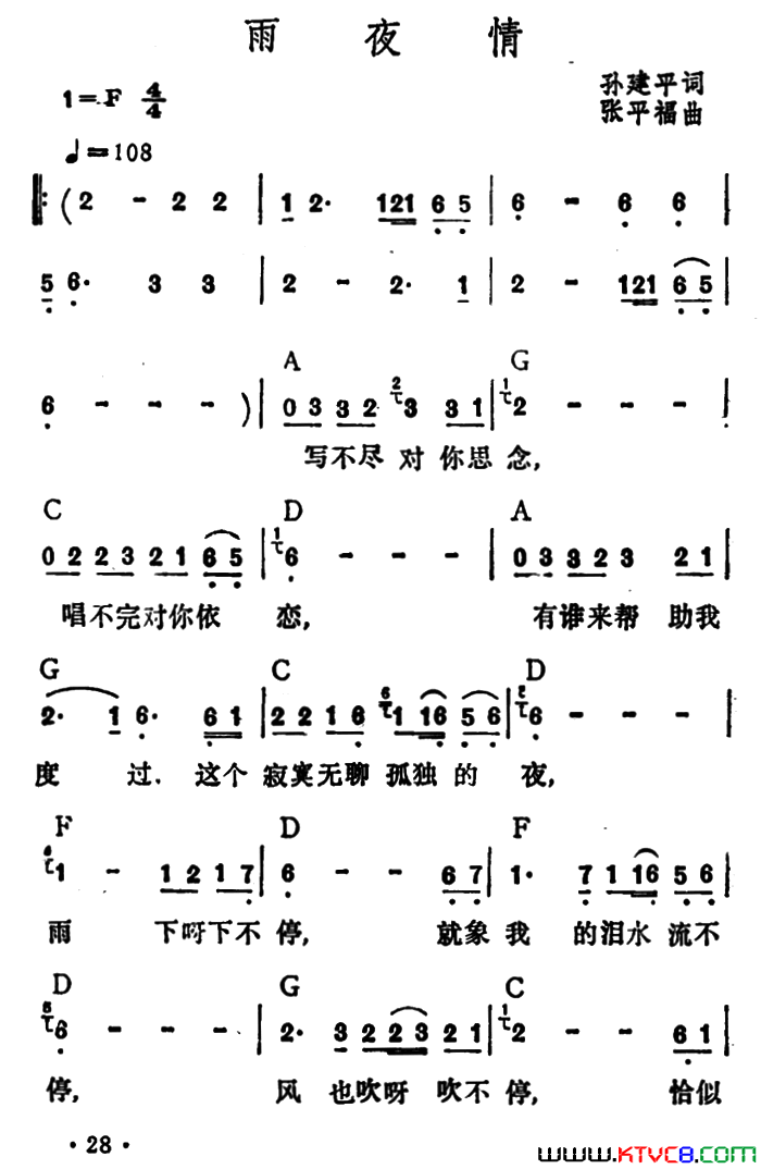 雨夜情简谱_李玲玉演唱_孙建平/张平福词曲