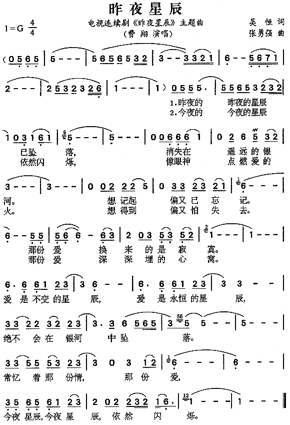 昨夜星辰简谱_费翔演唱